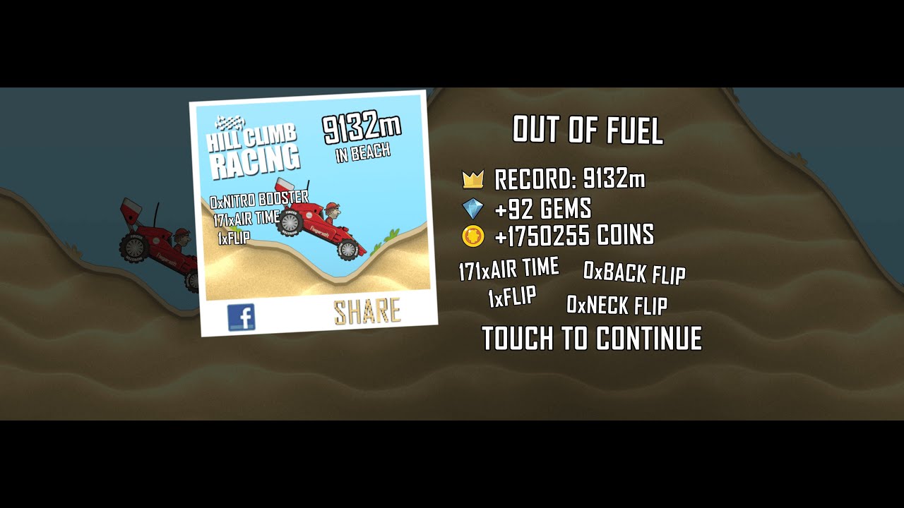 Hill Climb Racing: 9132m in Beach on Race Car (no boosters, no pets, no cartapults)