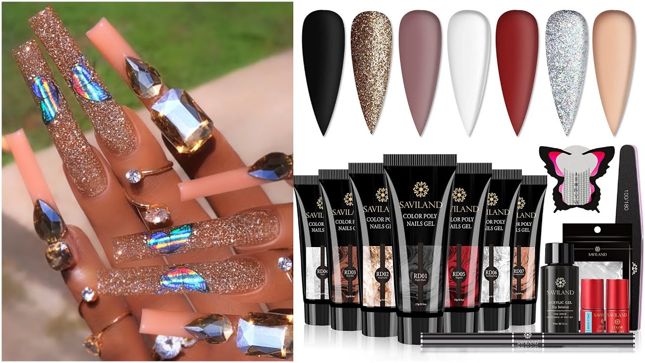 SAVILAND Fall Glitter Polygel Kit! Gold & Nude Bling XXL Square Watch Me Work