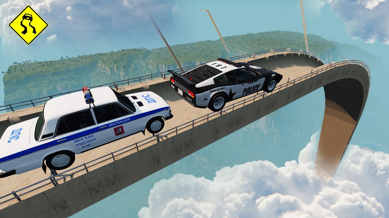 Russian cars vs Racing cars on a Giant ramp . beamNG