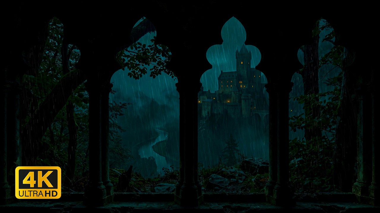 4K Rainy Forest Castle Window View 🌧️🏰 Dark Ambience, Rain & Thunder Sounds for Sleep & Focus