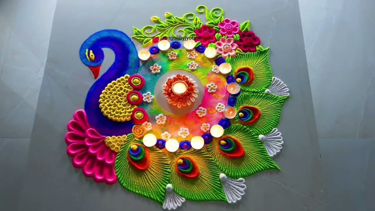 Easy Diwali Lakshmi pujan Rangoli || दिवाली रंगोली ||Diwali Peacock rangoli