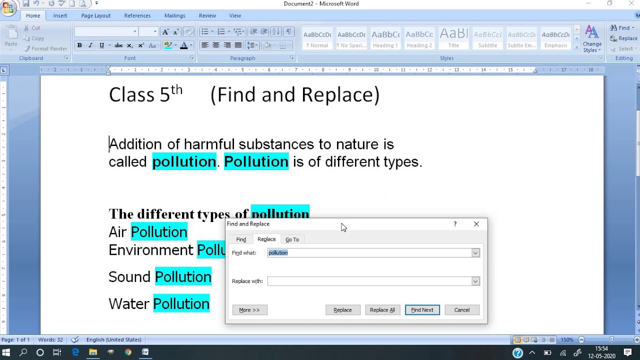 find and replace in MS Word class 5th