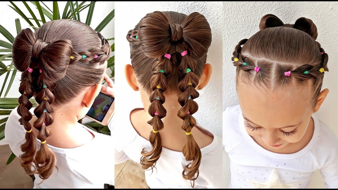 Penteado Infantil com laço de cabelo, tranças falsas e ligas coloridas