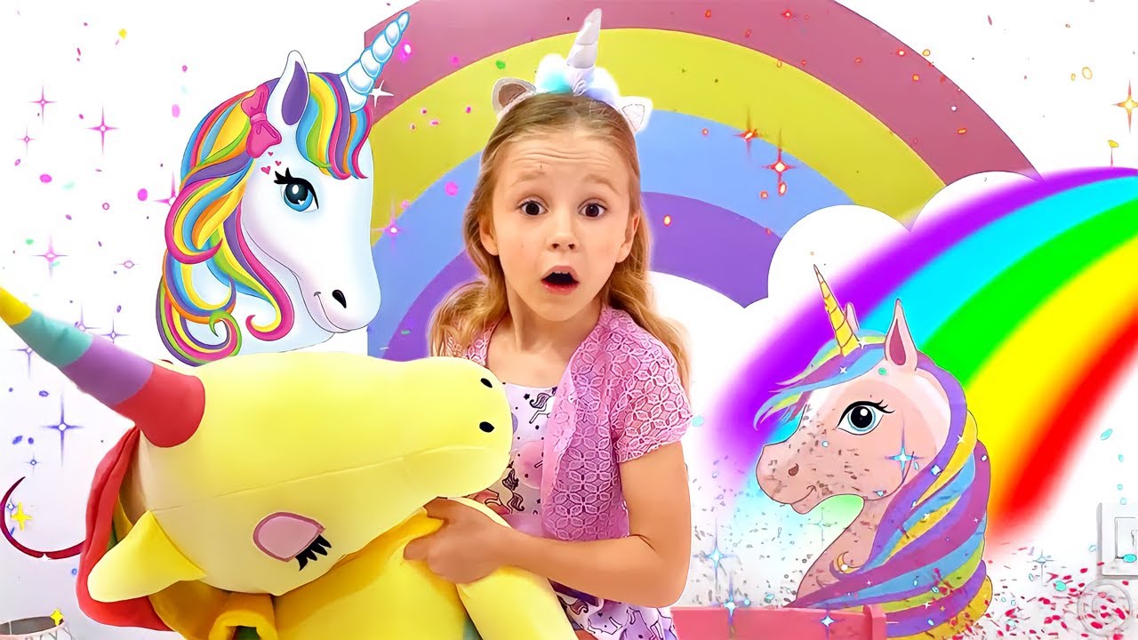 Nastya d&eacute;core sa nouvelle chambre de licorne avec des couleurs arc-en-ciel