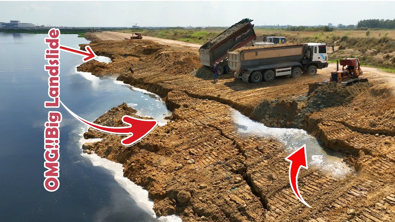 OMG!Big Land Slide !!Amazing Land Transport Combination With Bulldozer KOMATSU D53p & Dump Truck 25T