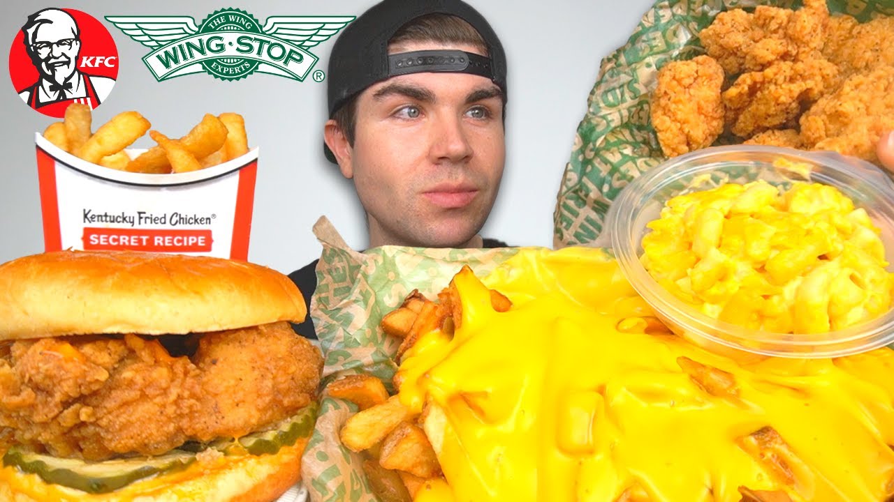 WINGSTOP CHEESE FRIES MUKBANG with KFC Sandwich Nashville Chicken + DESSERT
