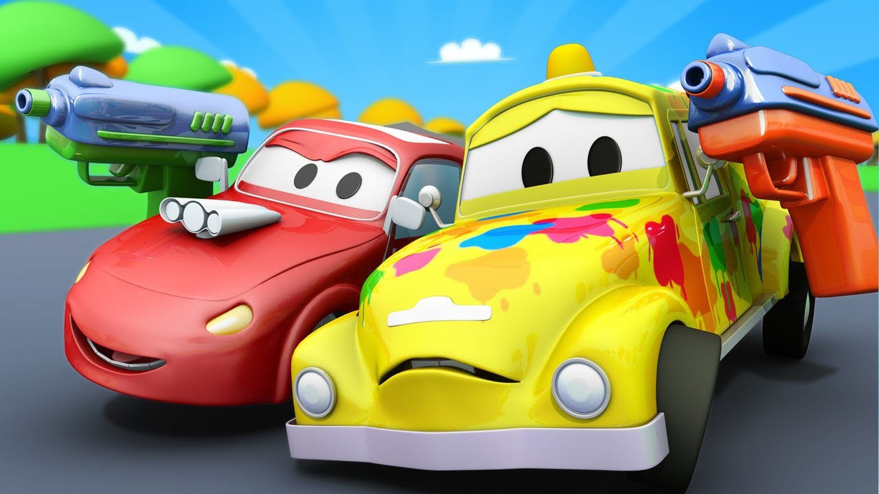 Tom the Tow Truck's Car Wash -  Baby Tom Plays Paintball and Gets Covered with Paint - Cars cartoon