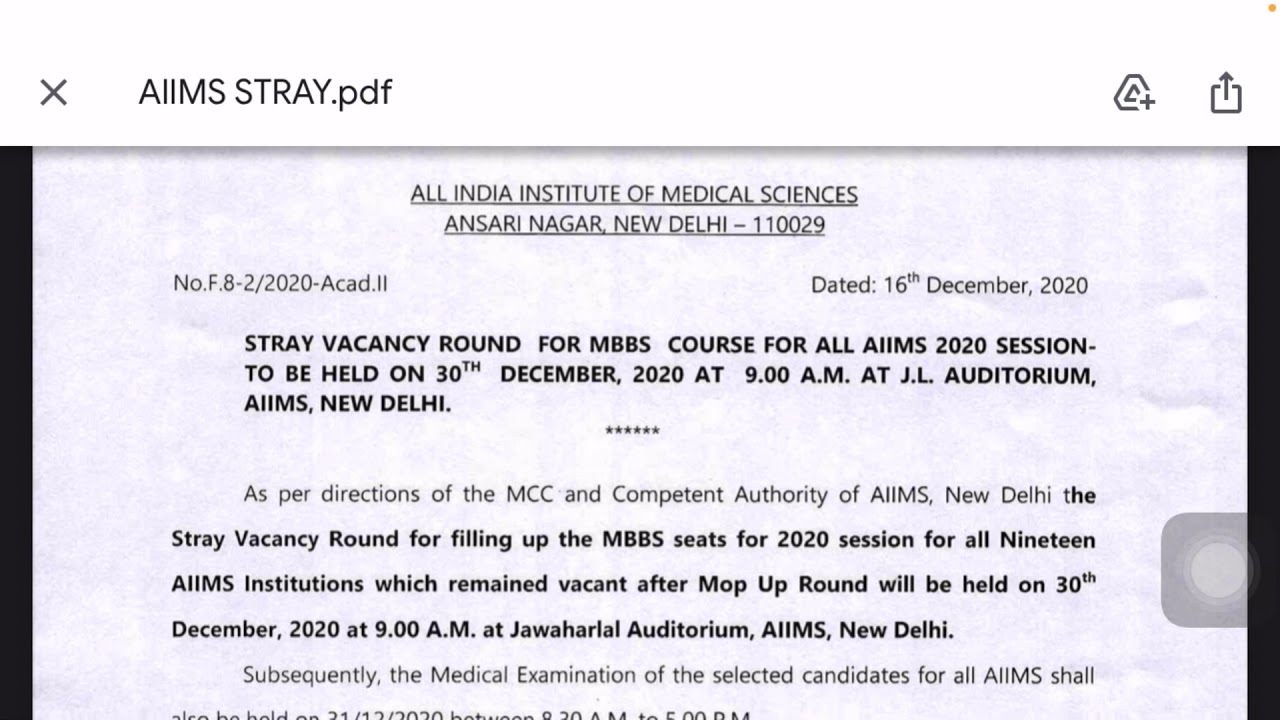 NEET2020 STRAY VACANCY ROUND COUNSELLING FOR AIIMS #JIPMER #AMU #BHU #DEEMED & #STATE  FOR #MBBS BDS