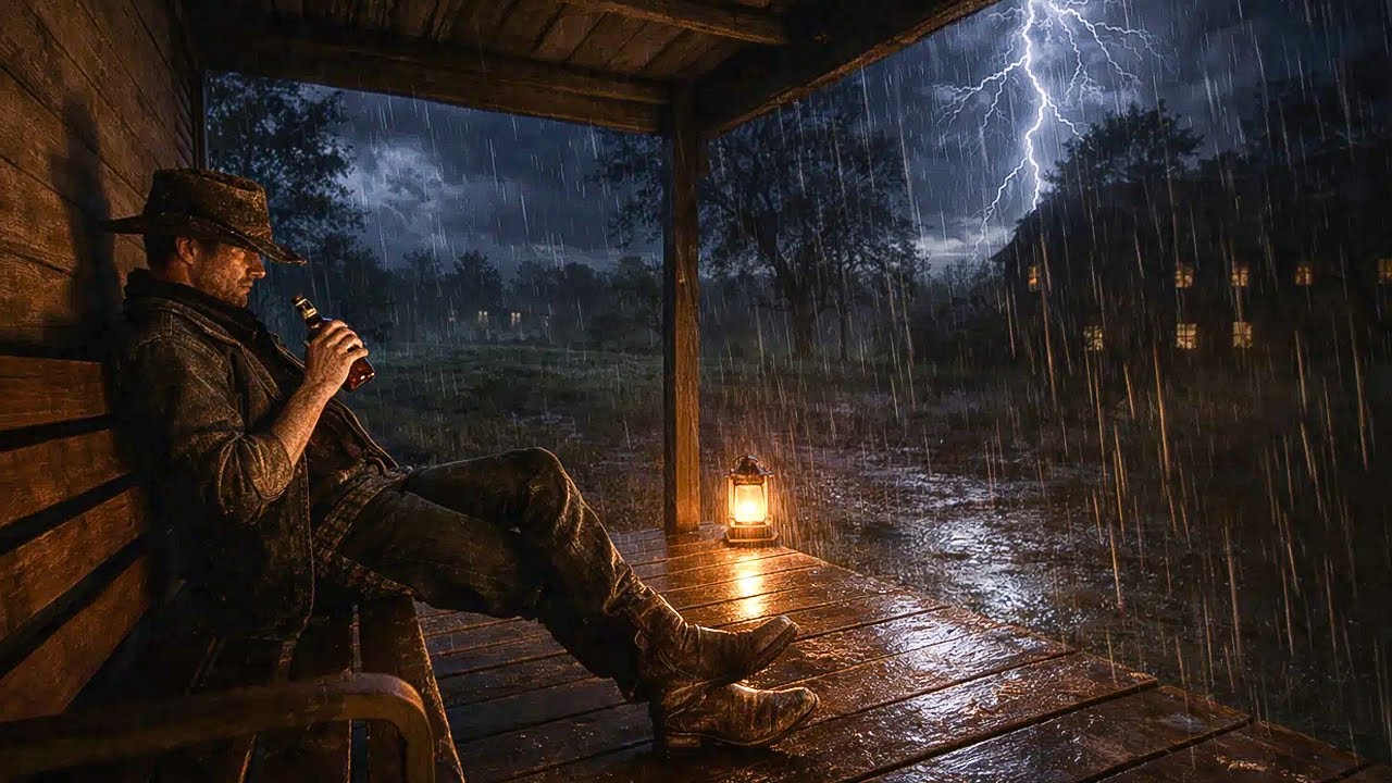 Arthur's Lonely Moment Under a Wooden Porch Roof During Heavy Thunderstorm | RDR2 ASMR