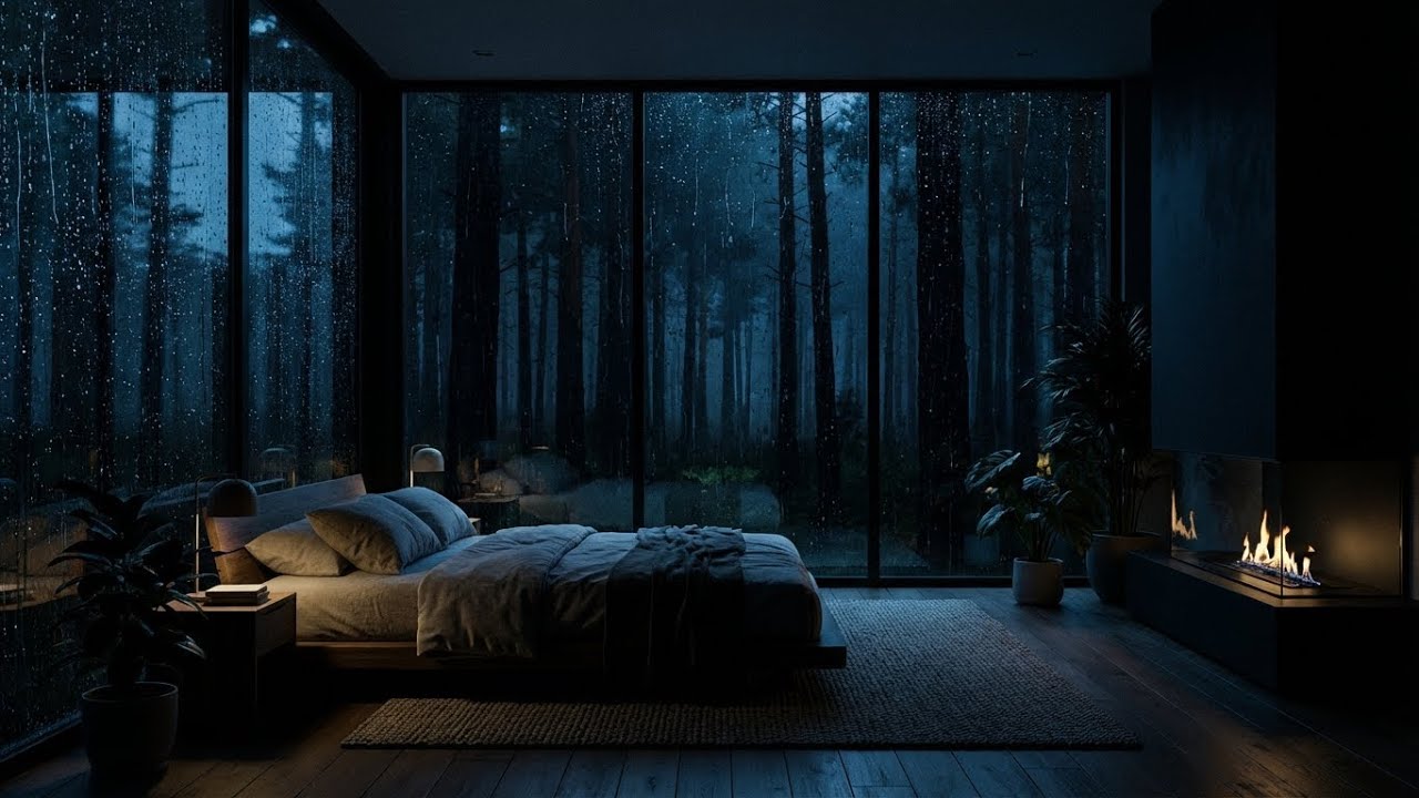 Deep Relaxation: Forest Rain & Felt Piano in Dark Glass Room for Deep Sleep and Calm 🌧️🔥