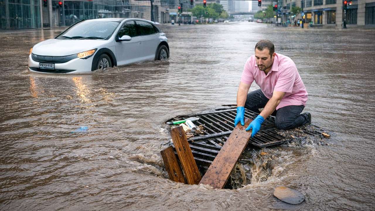 Storm Drain Blockage Removed During Heavy Rain