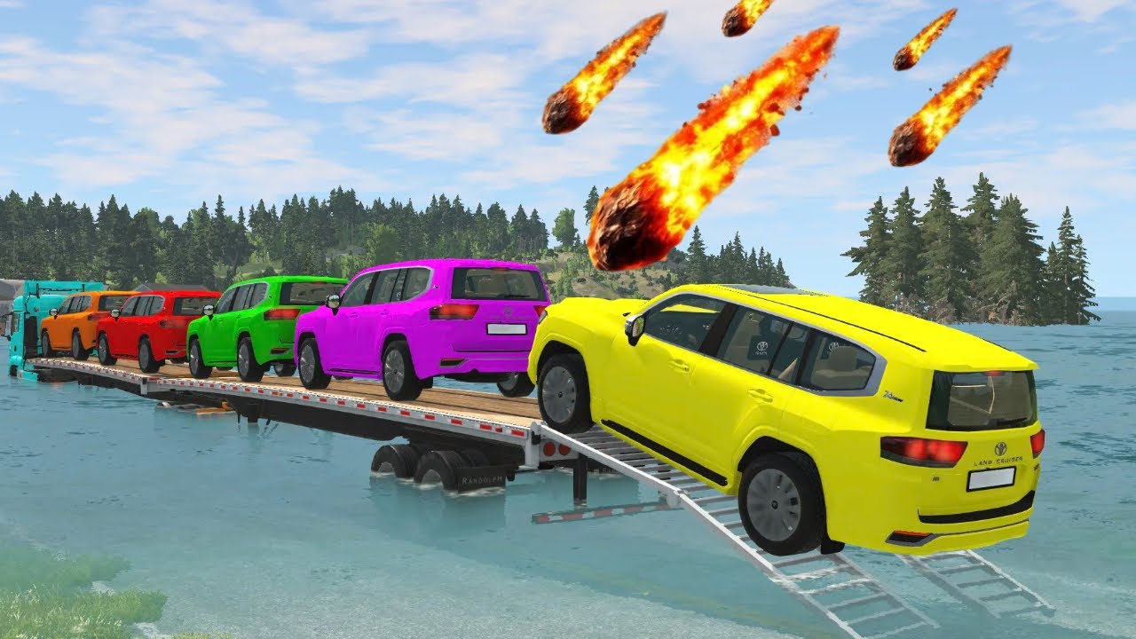Triple Flatbed Trailer McQueen Transportation with Truck - Speedbumps vs Cars vs Train - BeamNG #21
