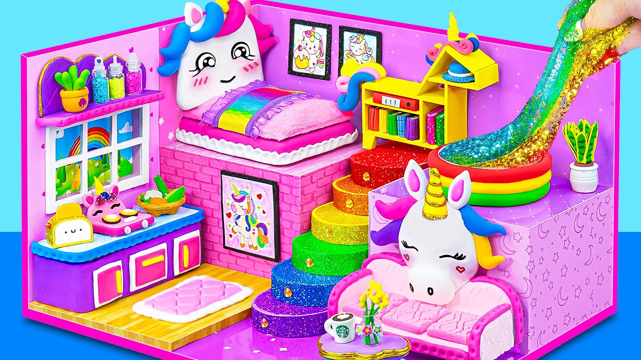 How To Make Pink UNICORN House with Bunk Bed, Rainbow Stairs, Slime Pool ❤️ DIY Miniature House