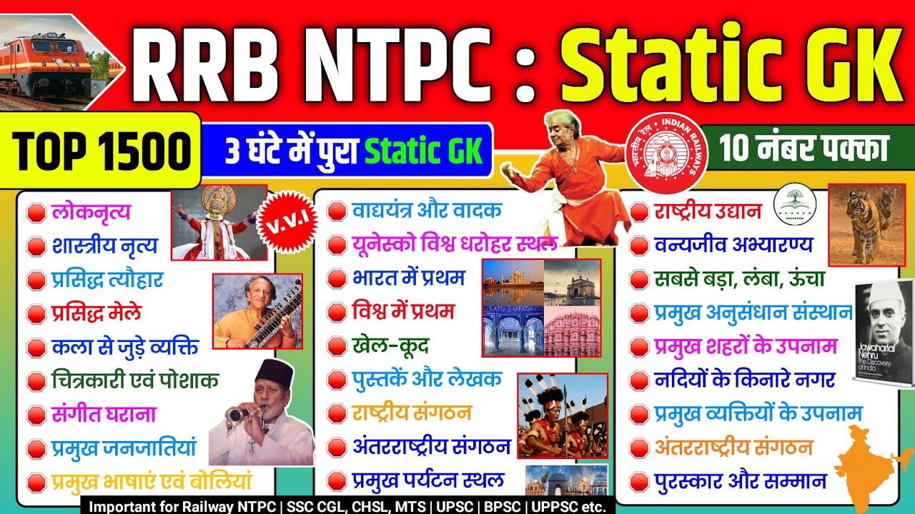 RRB NTPC Static GK मैराथन | स्टैटिक जीके | Top GK Questions For Railway, SSC, UPSC, BPSC & UPPSC