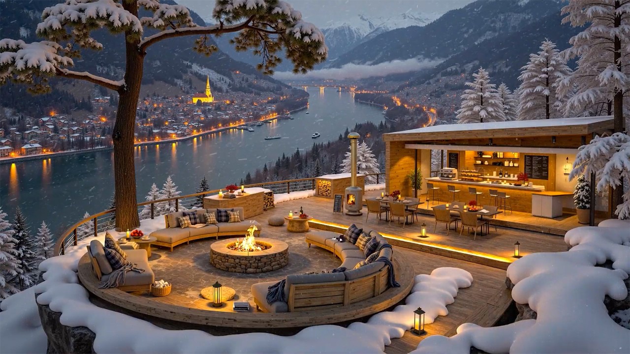 Luxury Snowy Riverside Caf&eacute; Retreat ❄️ Smooth Winter Jazz by the Cozy Fireplace for Focus & Relax