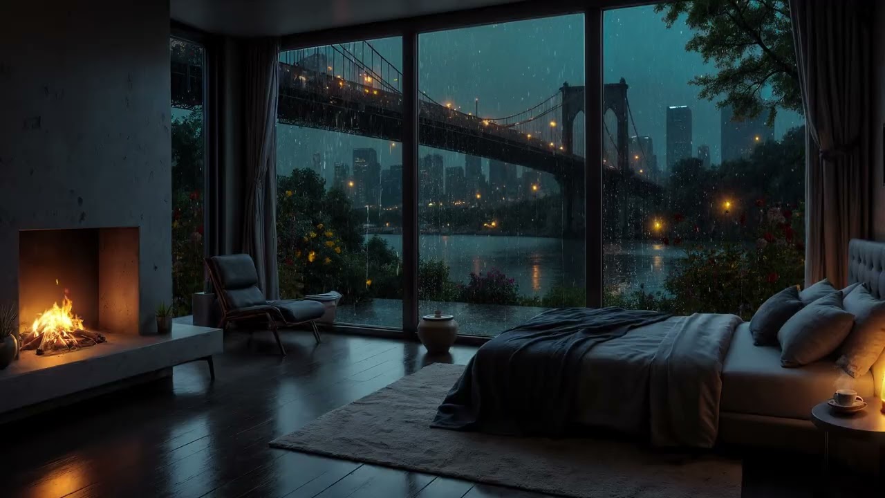 Luxury High Rise Rain in New York 🌧️🔥  Warm Fireplace Glow for Deep Sleep & Peaceful Focus