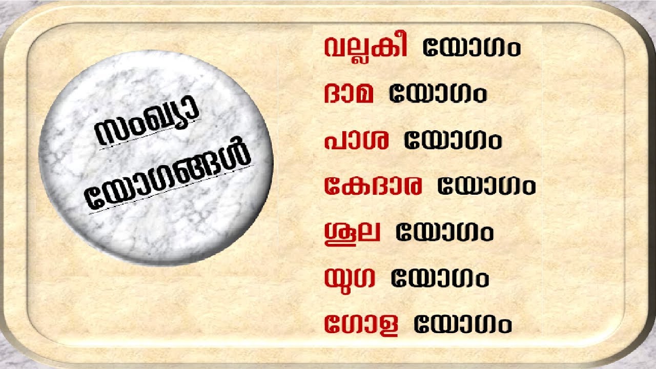 സംഖ്യാ യോഗങ്ങൾ-വല്ലകീ,ദാമ,പാശ,കേദാര ,ശൂല,യുഗ ,ഗോള യോഗങ്ങൾ