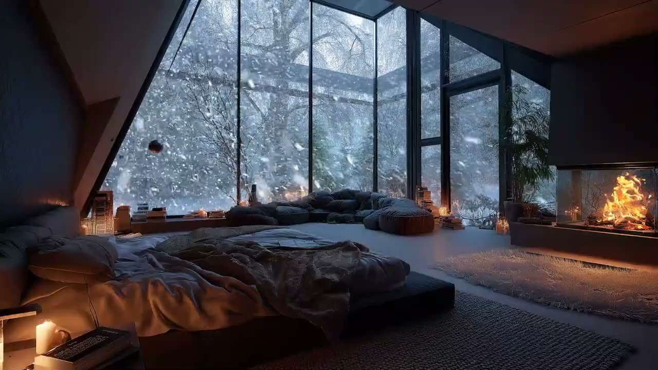 Gentle Snow & Crackling Fire ❄️ Peaceful Ambience for Deep Sleep 😴