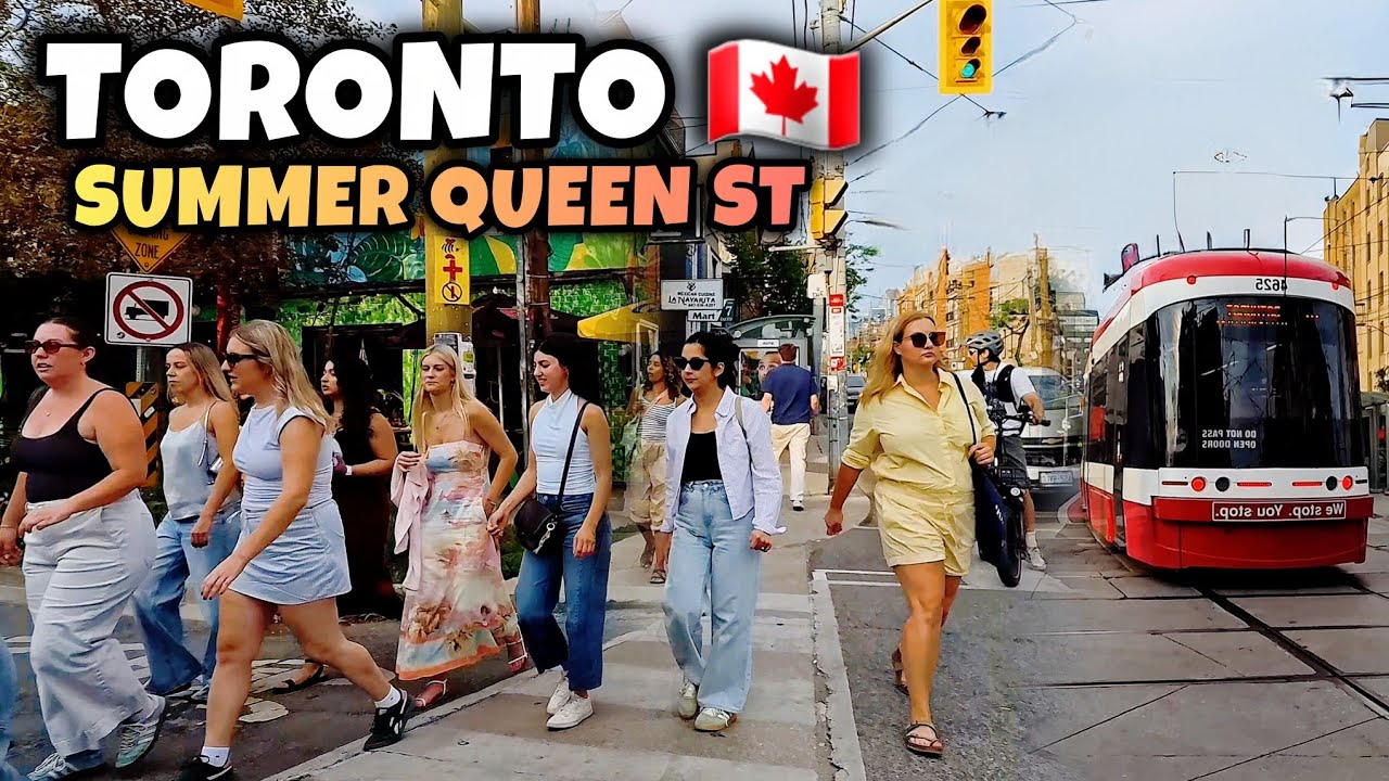 Торонто 🇨🇦 Жаркий день на Куин-стрит &mdash; оживленная летняя прогулка по центру Торонто, Канада