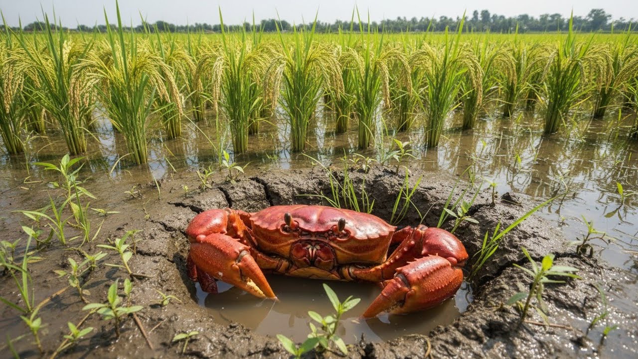 Rice Season Surprise! Catching Crabs Hidden in the Rice Field!
