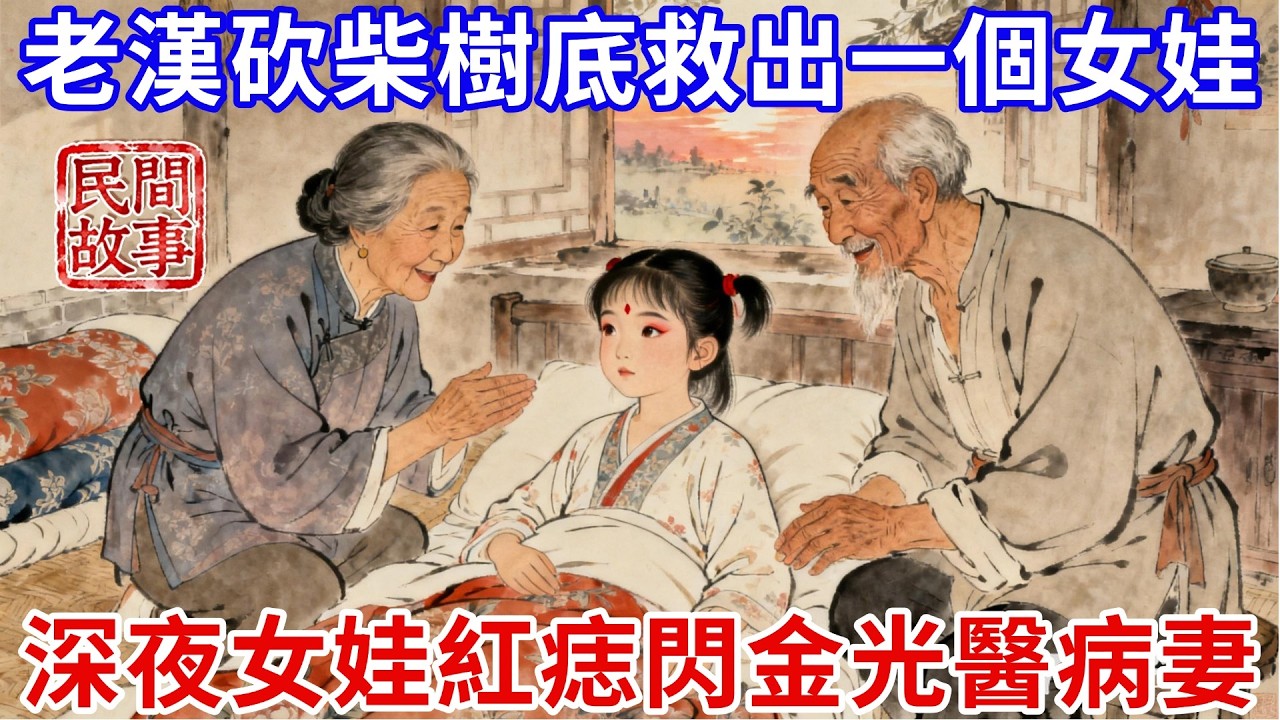 老伴生病在家，老頭上山砍柴補貼家用，砍到一顆枯樹時，從樹底鉆出來一個女娃，眉心帶著紅痣，也不說話，老頭好心把女娃帶回家，深夜女娃眉心紅痣閃著金光，3天後，老伴的病居然好了！#民間故事 #槐樹下聽書