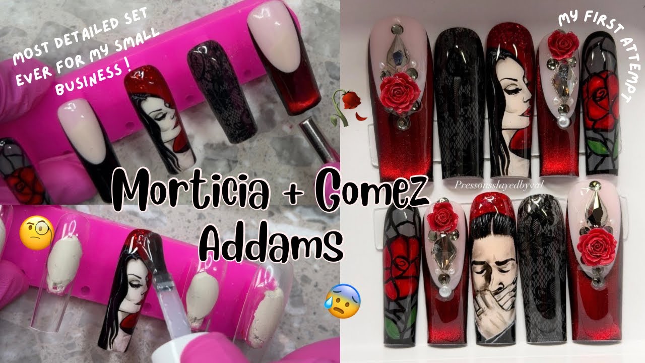 WHY THIS NAIL SET TOOK ME 6 HOURS… | MORTICIA AND GOMEZ VALENTINES DAY FREESTYLE NAILS! STEP BY STEP