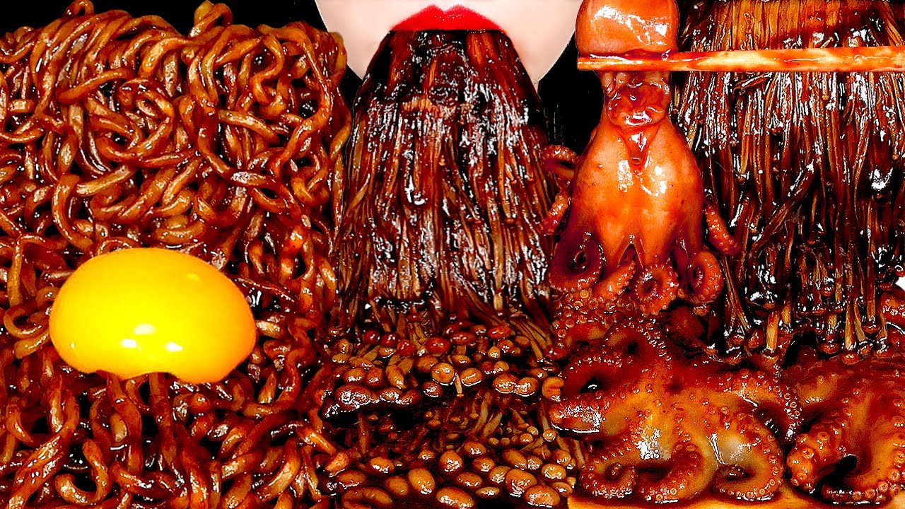 ASMR BLACK BEAN ENOKI MUSHROOMS BABY OCTOPUS TRUFFLE BLACK BEAN NOODLES 짜장불닭팽이버섯 트러플짜파게티 먹방 MUKBANG