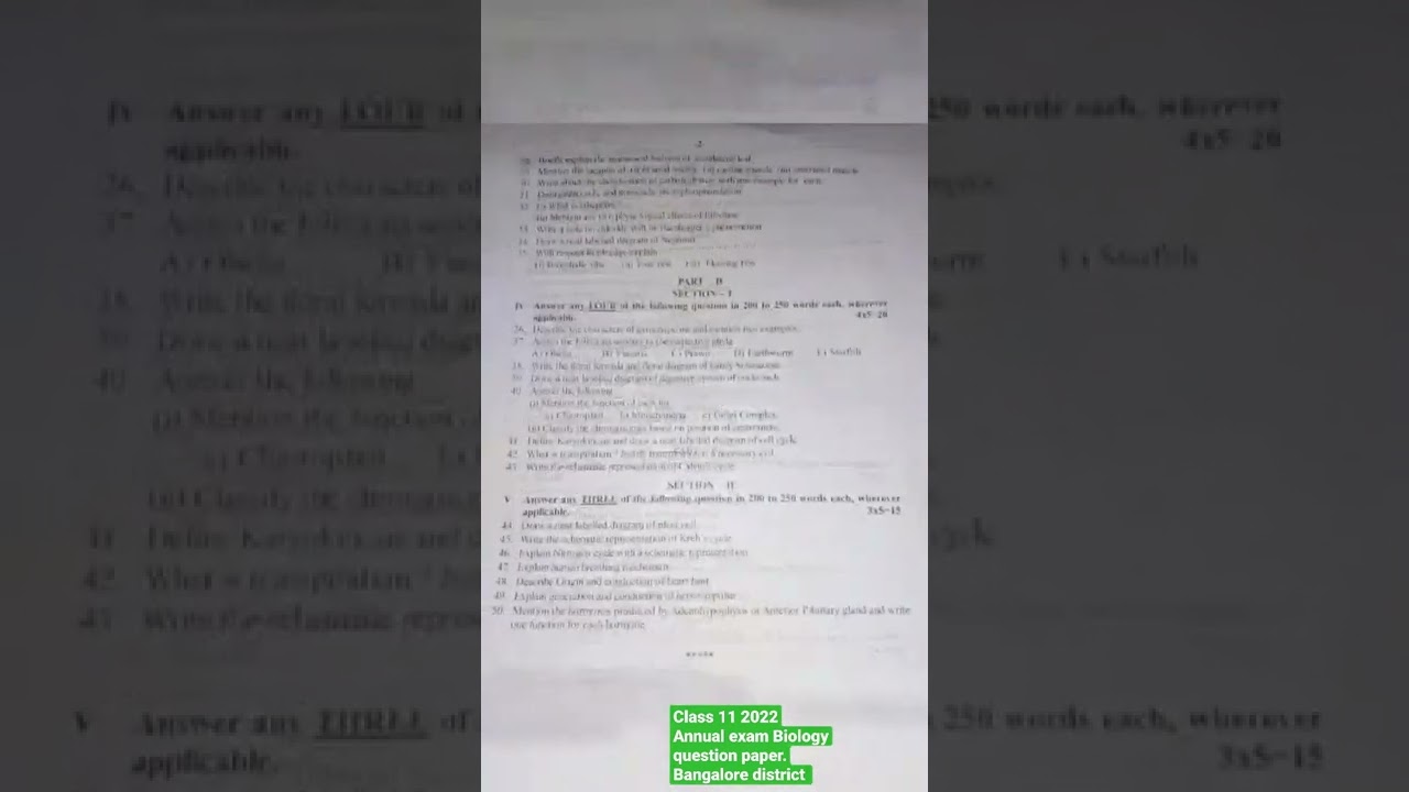Class 11, 2022 annual exam Biology question paper.Bangalore district