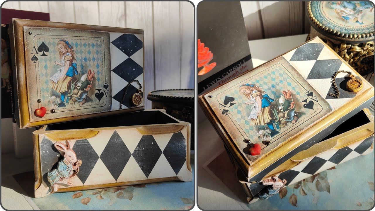 Decoupage Box for a deck of cards ❤️ Inspired by Alice in wonderland ♣️♥️♦️♠️
