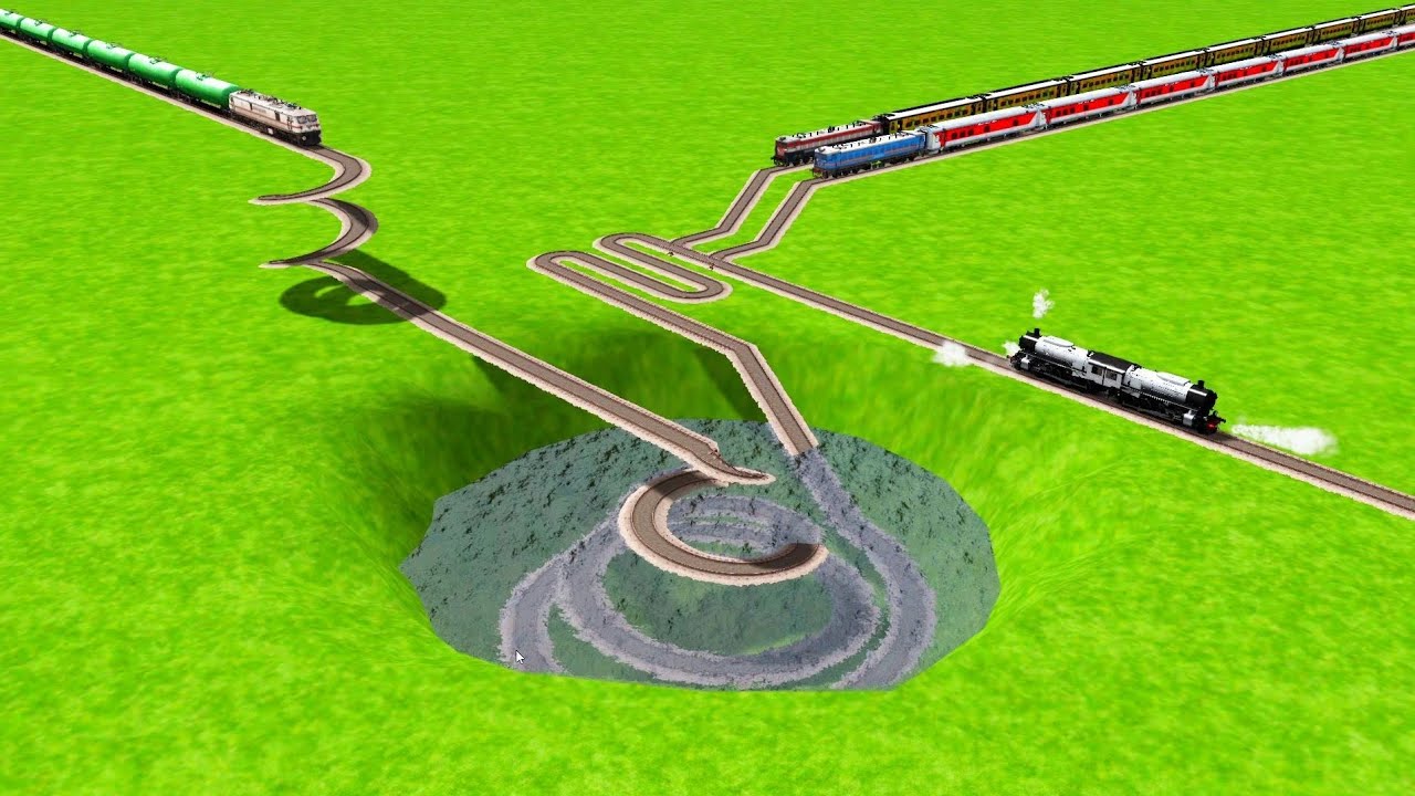 4 TRAINS VS WATER GIANT PIT CURVED SNAKE ROUND CIRCLE TRACKS RISKY RAILROAD TRACKS | Train Simulator