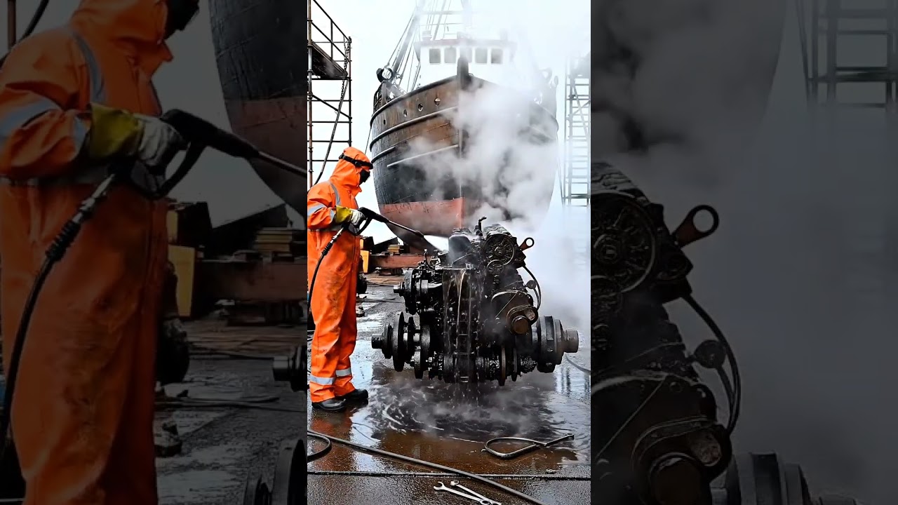 A heavily rusted iron trawler pulled into a dry dock.  
