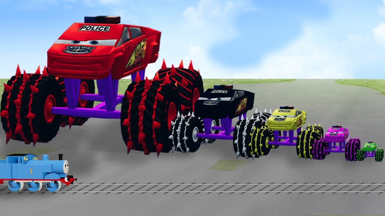 Big & Small Police Cyber Lightning Mcqueen Monster Truck vs Thomas Trains | Cars Test | BeamNG.drive