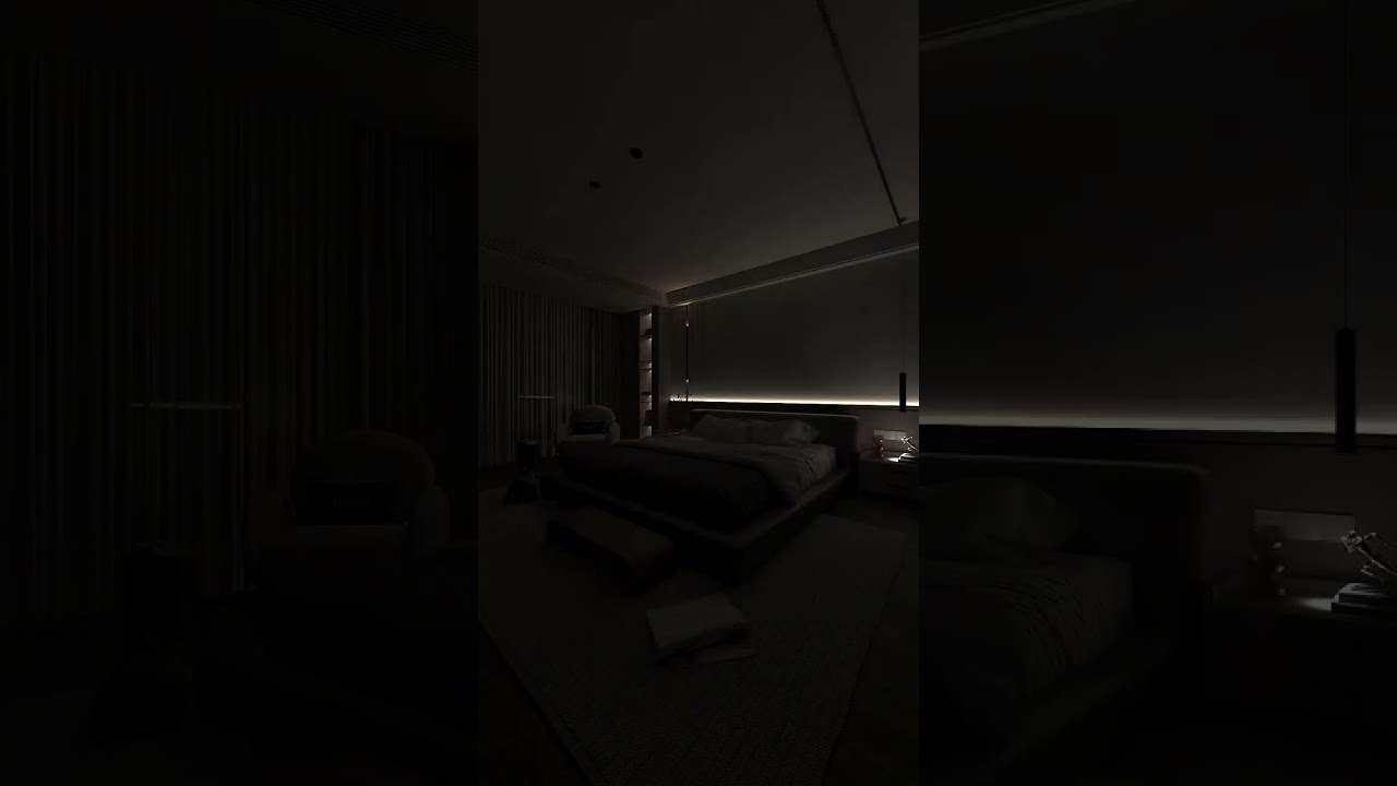 The bedroom is designed in dark gray #bedroom
