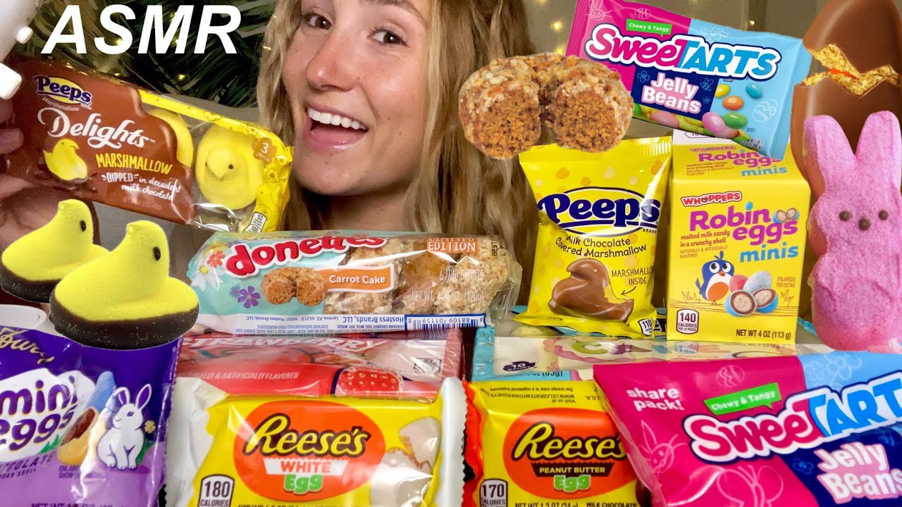 ASMR EASTER CANDY | peeps, carrot cake donuts, Reese's peanut butter eggs, jelly beans, mukbang  먹방