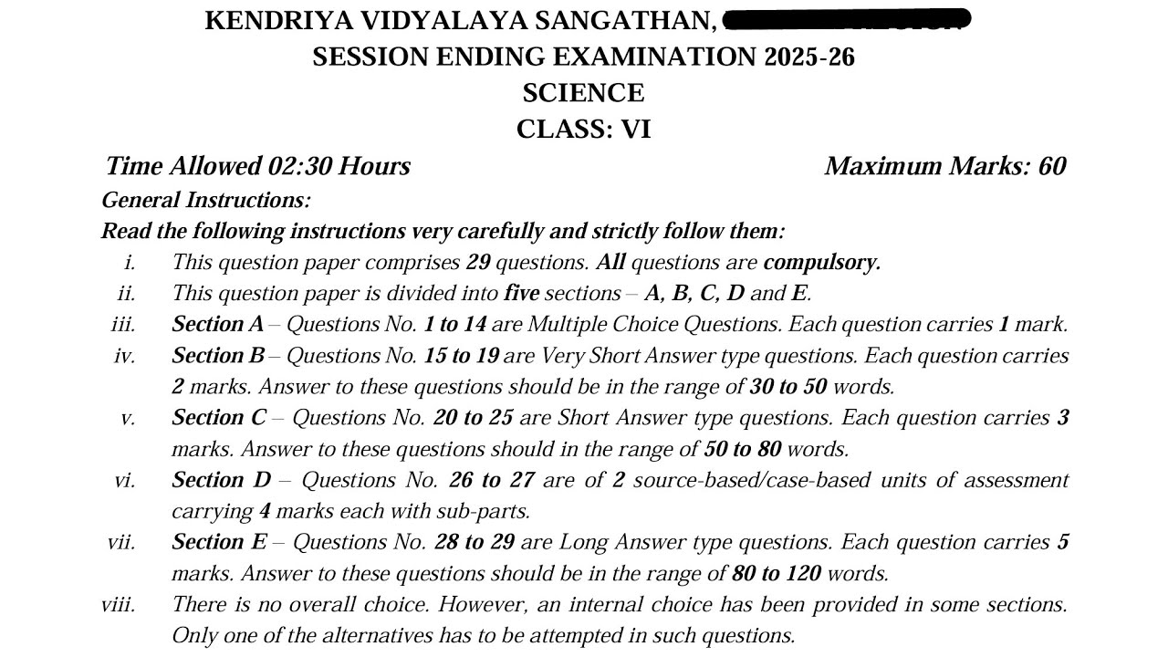 Class-6 Science (Set-2) Annual Exam 2026 Question Paper Session Ending PM SHRI KV Term2