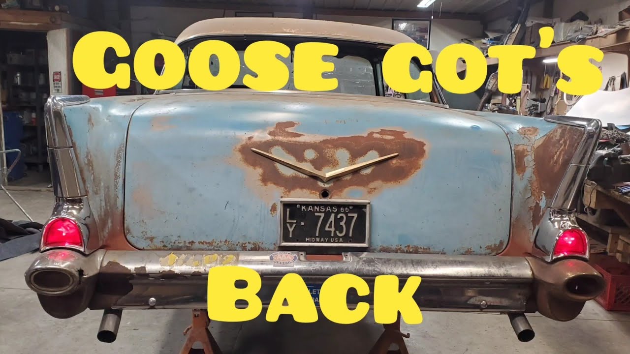 trifive 1957 Chevy lt1 Buick roadmaster chassis floor swap blue goose gets tail end wrapped up
