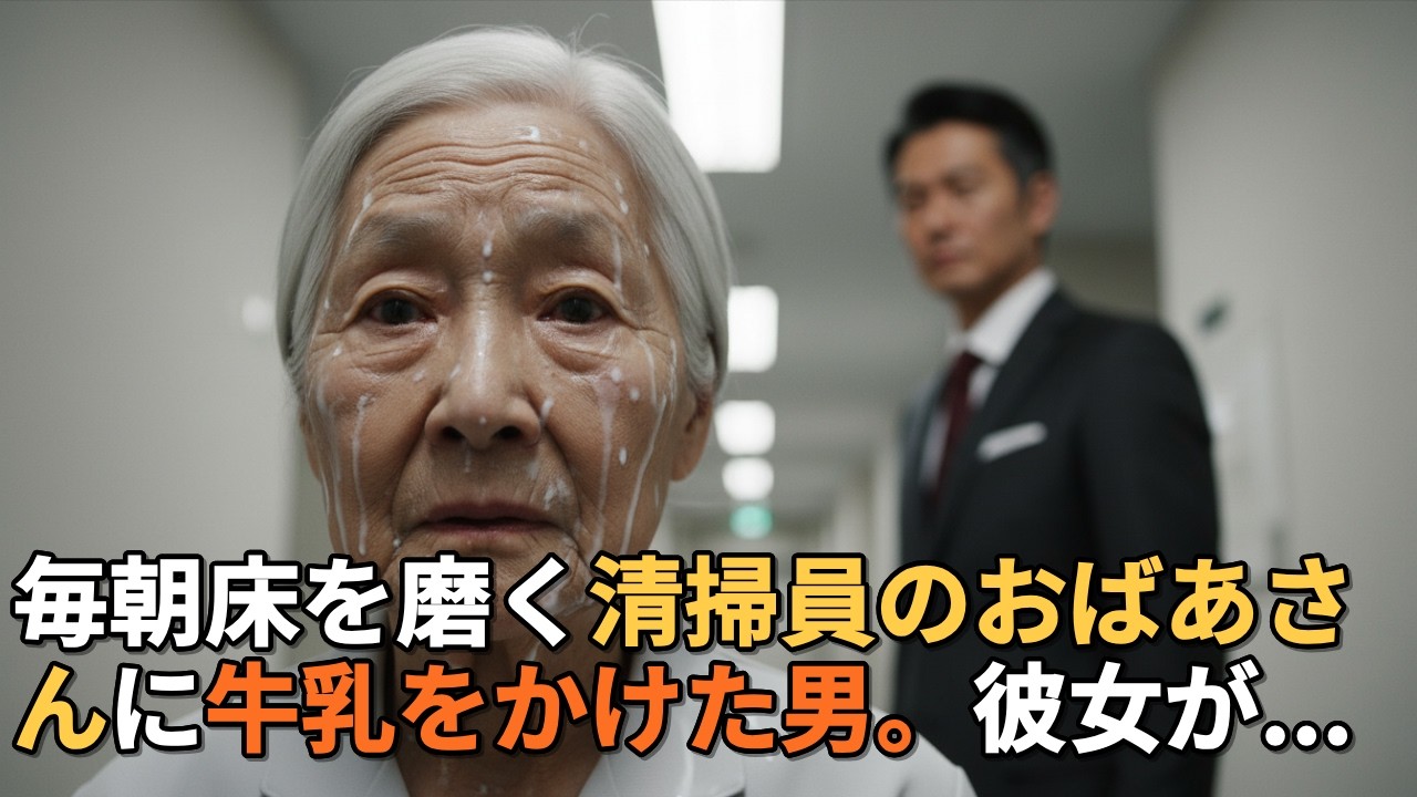 毎朝床を磨く清掃員のおばあさんに牛乳をかけた男。彼女が「会長」だったと知った時の顔が——