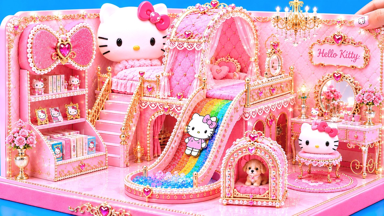 🎀Build The Most Magical Hello Kitty Pink Princess House Ever with Dream Rainbow Slide |Cardboard DIY