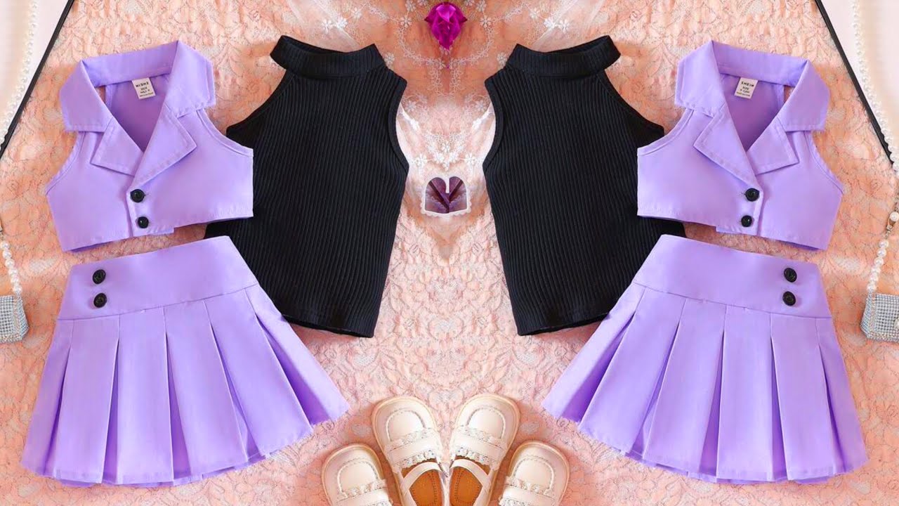 Asymmetrical Baby Tank Top With Lapel Neck Vest Jacket And Box Pleated Skirt Cutting and Stitching