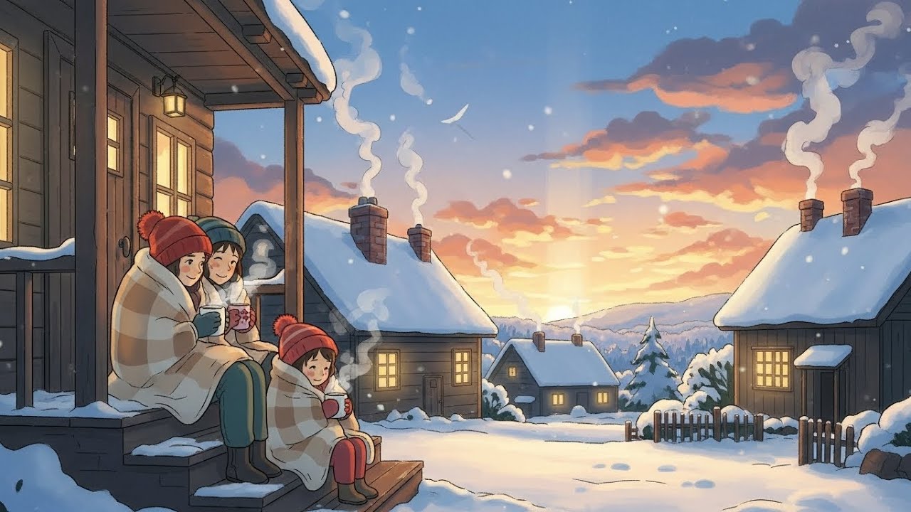 Winter Sunset Village ❄️☕ Cozy Cocoa & Chimney Smoke | Ghibli-Style ASMR 