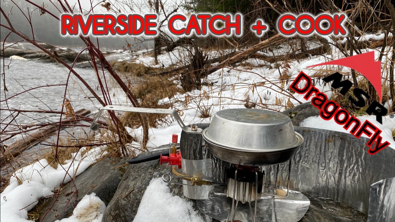 River Side Trout Catch and Cook. Maine. MSR DragonFly Portable Stove.