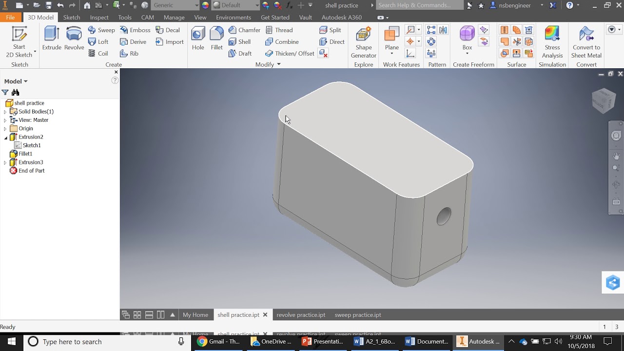 Autodesk Inventor - practice sweep, shell, and revolve