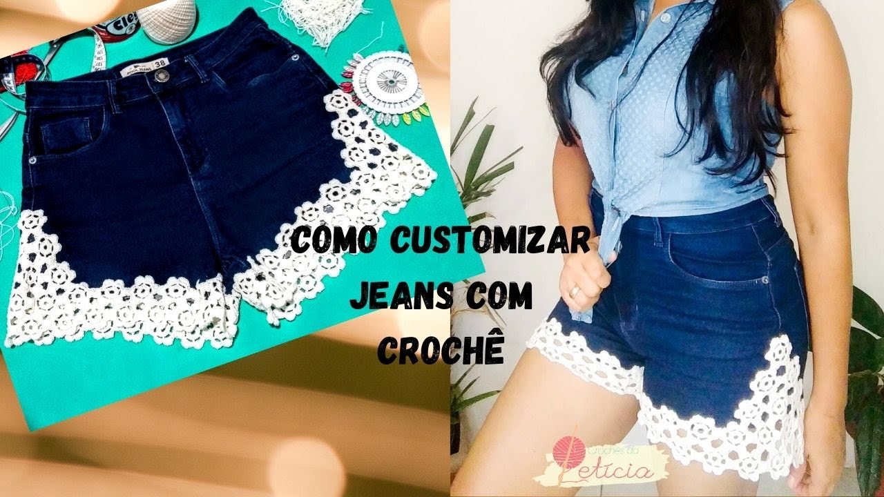 Customização de short jeans com crochê
