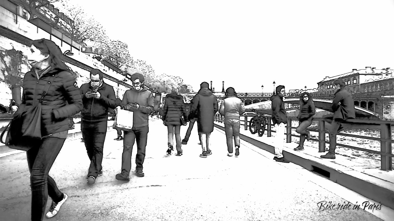LA FOULE DES QUAIS DE SEINE / PARIS 4K / RENDU DESSIN NB / Balade à Vélo dans Paris.