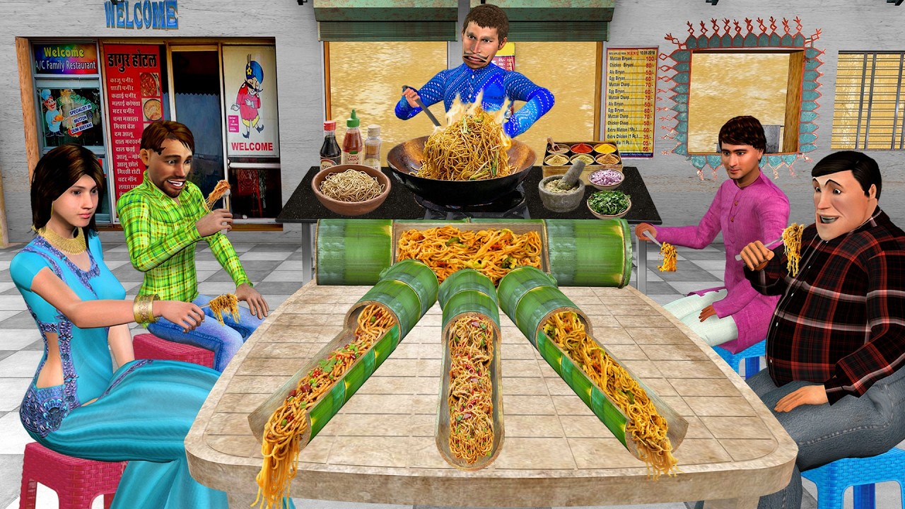 Bamboo Noodles Slide Unlimited Noodles Chinese Street Food Hindi Kahani Moral Stories Comedy Video