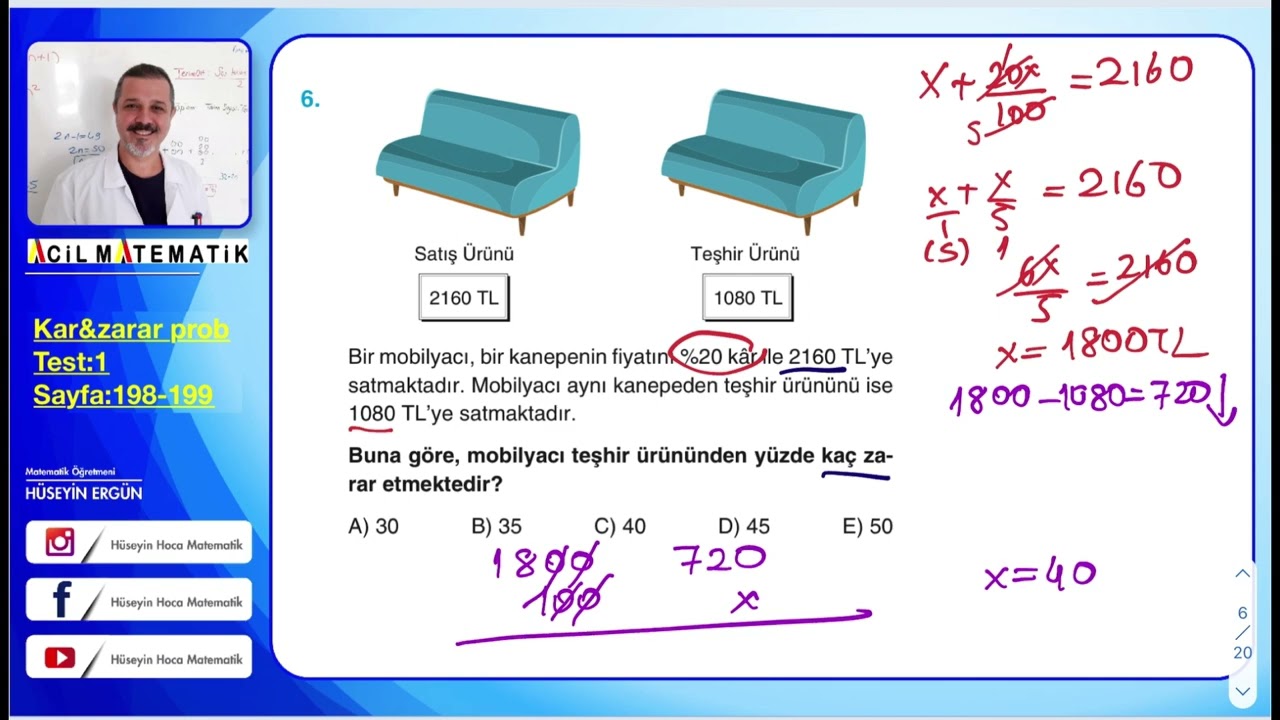 ACİL YAYINLARI MATEMATİĞİN İLACI TYT SORU BANKASI Kar ve zarar problemleri sayfa 198-199