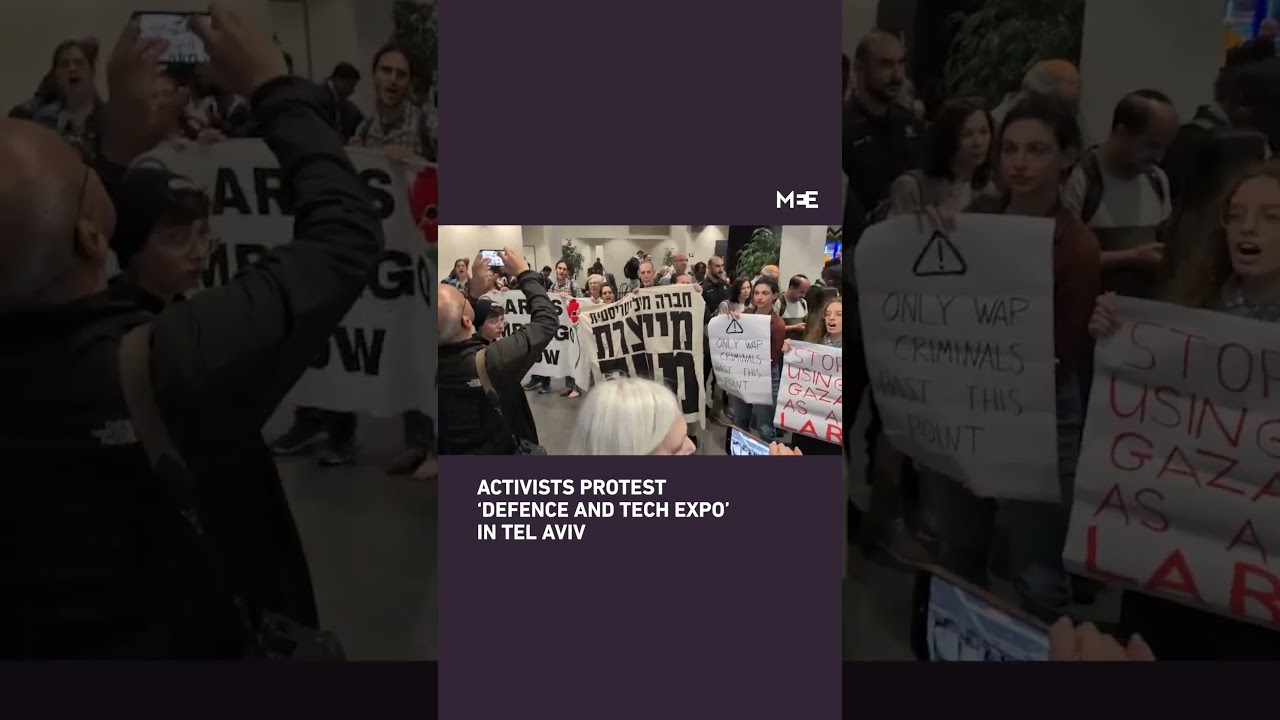 Activists protest &lsquo;Defence and Tech Expo&rsquo; in Tel Aviv