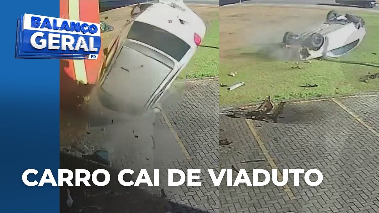 Carro despenca do Viaduto Estaiado ap&oacute;s levar fechada; motorista saiu andando ap&oacute;s acidente