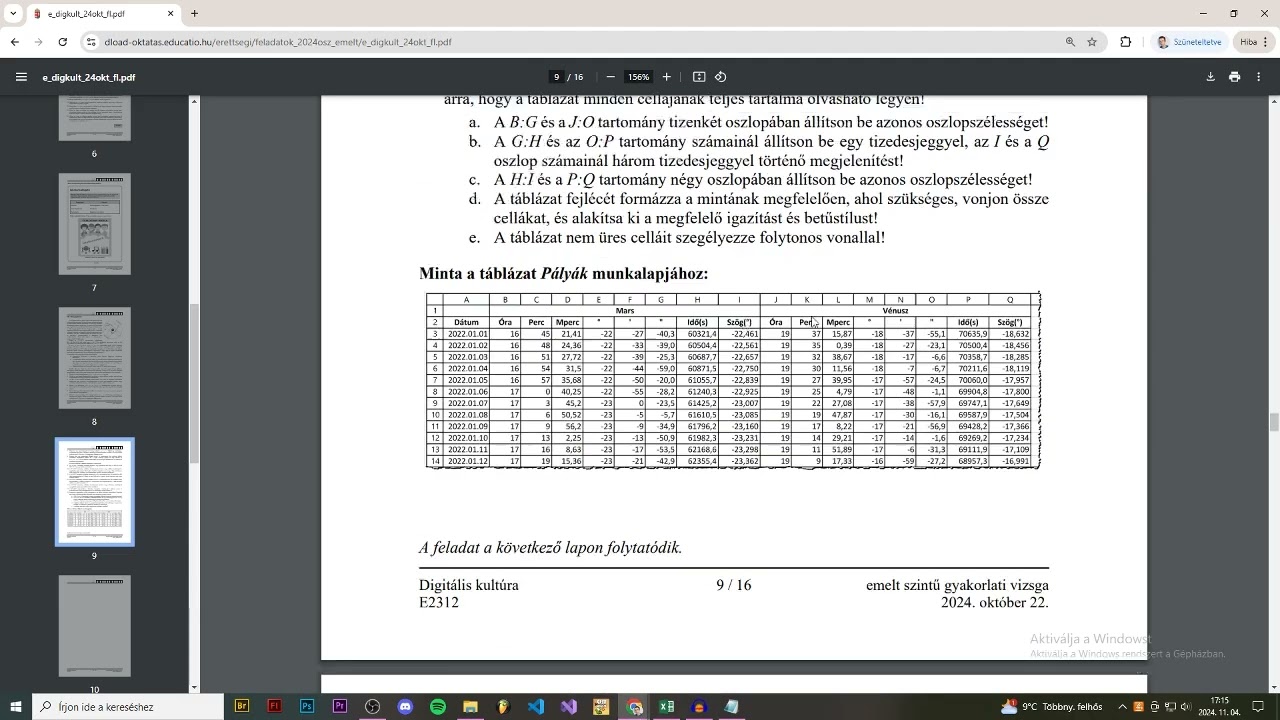Digitális Kultúra Érettségi 2024. október (emelt) - Excel