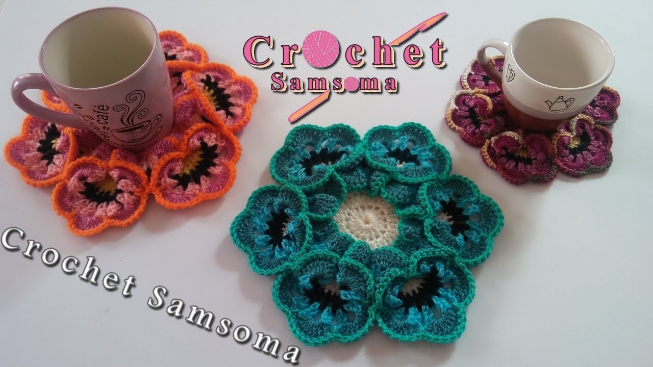 كروشيه قواعد أكواب على شكل وردة مجسمة